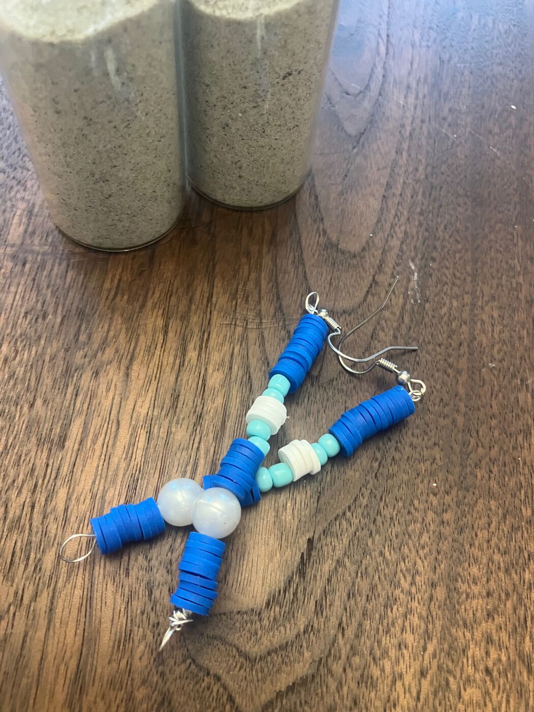 Ocean blue beaded earrings with pearl beads